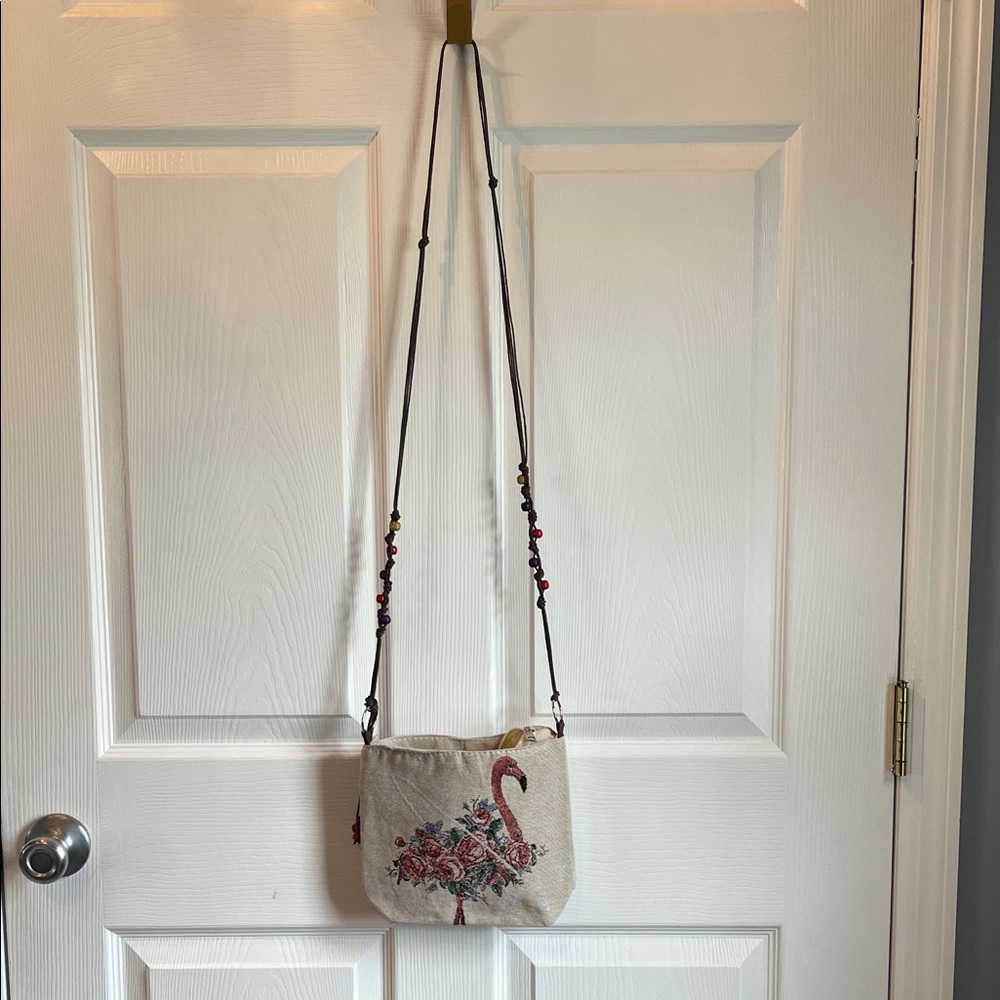 Floral Flamingo Crossbody Canvas Bag in Beige